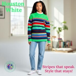 Houston White Green‎ Stripe Crewneck Pullover Sweater – Size L Unisex Crest Logo